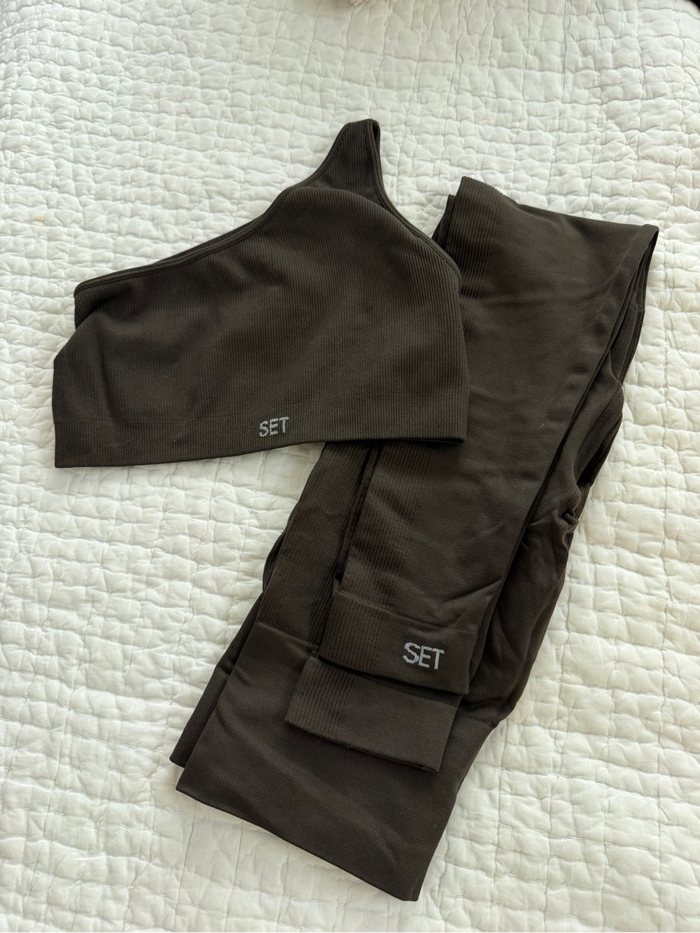 SET Active Ribbed One-Shoulder Sports Bra & High-Waist Leggings - Brown
